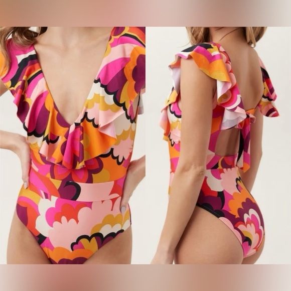 Trina Turk | Fan Faire Ruffle Plunge One Piece Swimsuit | Size 8 - Picture 1 of 6